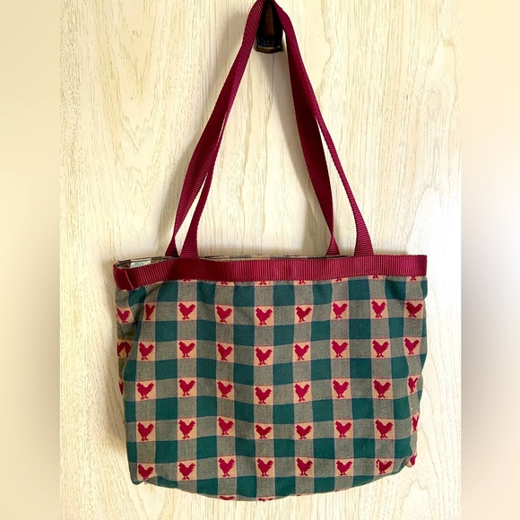 Park Designs Fabric Plaid Green Tan Red Rooster Chicken Tote Bag Farmhouse - Picture 1 of 12
